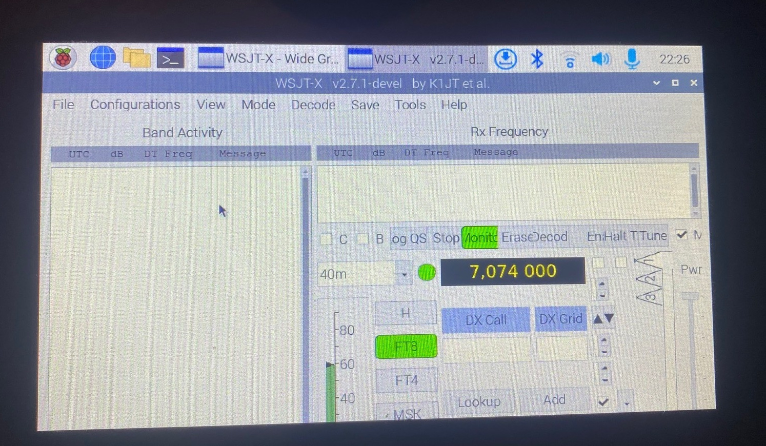 Rendu initial de WSJTX avec l'écran 7 pouces sous Raspbian